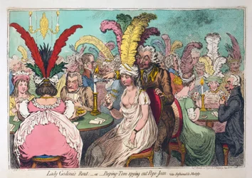 La ruta de Lady Godina o Peeping Tom espiando a Pope Joan, pub. 1796 (grabado coloreado a mano)
