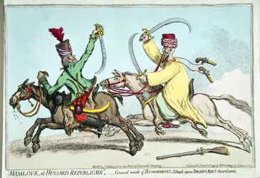 Mamlouk y Hussard Republicano, o Resultado General del Ataque de Bonaparte sobre la Retaguardia de Ibrahim Bey, publicado por Hannah Humphrey en 1799