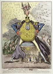 Midas transformando todo en oro, publicado por Hannah Humphrey en 1797 (aguafuerte coloreado a mano)