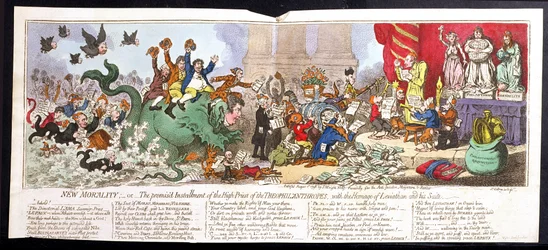 New Morality, or The promised Installment of the High Priest of the Theophilanthropes, publicado por J. Wright en 1798 (grabado coloreado a mano)