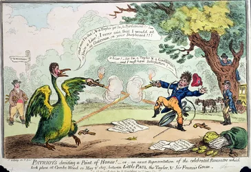 Patriotas decidiendo un punto de honor! o Una representación exacta del encuentro que tuvo lugar en Coombe Wood el 2 de mayo de 1807 entre Little Paul el sastre y Sir Francis Goose, publicado por Hannah
