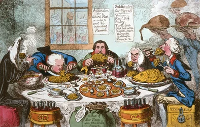 Substitutes for Bread, or Right Honourables Saving the Loaves  Dividing the Fishes, publicado por Hannah Humphrey en 1795 (grabado coloreado a mano).
