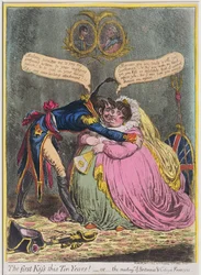 ¡El primer beso en diez años! o El encuentro de Britania y el ciudadano François, publicado por Hannah Humphrey en 1803