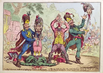 The High German Method of destroying Vermin at Rat-Stadt, publicado por Hannah Humphrey en 1799 (aguafuerte y grabado con acuarela).