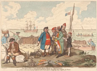 La verdadera causa del actual alto precio de los víveres, o una vista de la costa de Inglaterra, con agentes franceses que sacan de contrabando suministros para Francia