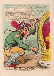 Los derechos del hombre, o Tom Paine, el pequeño sastre americano tomando la medida de la corona para un nuevo par de pantalones de revolución