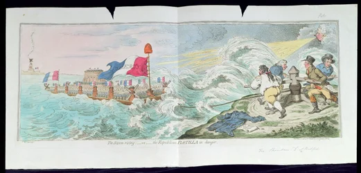 The Storm Rising, or The Republican Flotilla in danger, publicado por Hannah Humphrey en 1798 (grabado coloreado a mano)