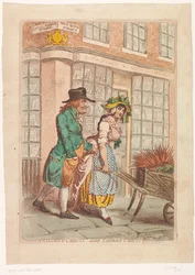 Mujer con una carretilla con raíces frente al escaparate del librero Robert Faulder en Londres Sándwich de zanahorias! Zanahorias delicadas para sándwich (título en el objeto)
