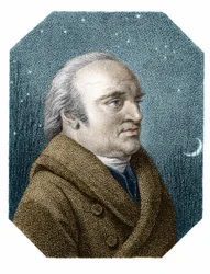 Retrato de William Herschel (1738 - 1822) sobre un fondo de cielo estrellado - de un grabado en cobre de James Godby