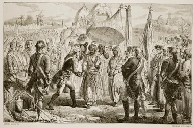 El encuentro de Lord Clive con Meer Jaffier, después de la Batalla de Plassey, grabado por Thomas Williams