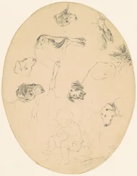 Estudios de perros y un niño sentado (recto)