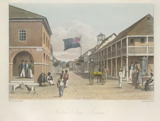 Vista de Harbour Street, Kingston (mirando hacia el este) de Un pintoresco recorrido por la isla de Jamaica, a partir de dibujos realizados en los años 1820 y 1821.