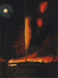 Pozo de petróleo en llamas por la noche, cerca de Rouseville, Pensilvania