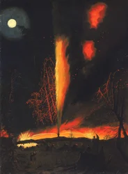 Pozo de petróleo en llamas por la noche, cerca de Rouseville, Pensilvania
