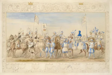 Continuación del séquito del marqués de Waterford, caballero del Dragón, y del vizconde Alford, caballero del León Negro, 1839
