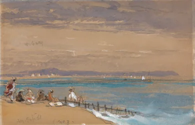 Escena de playa con figuras junto a un rompeolas
