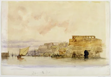 Escena costera con barcos de vela