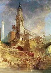 Demoliendo el Puente Viejo de Londres, con St. Magnus el Mártir detrás