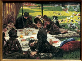Desayuno sobre la hierba. Escena de picnic familiar. Pintura de Jacques Joseph Tissot (1836-1902)