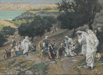 Jesús cura a los ciegos y cojos en la montaña, ilustración de La vida de nuestro Señor Jesucristo