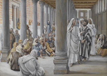 Jesús camina en el pórtico de Salomón, ilustración de La vida de nuestro Señor Jesucristo, 1886-96