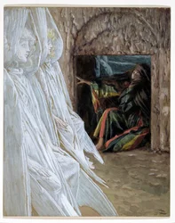 María Magdalena pregunta a los ángeles en la tumba, ilustración de La Vida de Cristo, c.1886-94