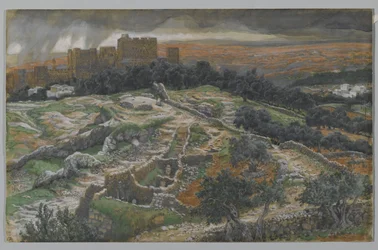Reconstrucción del Gólgota y el Santo Sepulcro, visto desde la Puerta Judicial, ilustración de La vida de nuestro Señor Jesucristo
