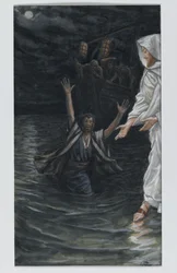 San Pedro camina sobre el mar, ilustración de La vida de nuestro Señor Jesucristo