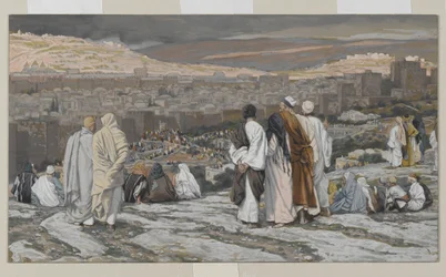 Los discípulos, habiendo dejado su escondite, observan desde lejos con agonía, ilustración de La vida de Nuestro Señor Jesucristo, 1886-94