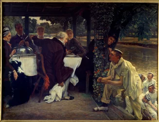 El regreso del hijo pródigo: el becerro gordo Adaptación moderna de la Parábola del Hijo Pródigo regresando a su padre arrepentido. Pintura de Jacques Joseph Tissot (1836-1902) 1880 Nantes, museo de Bellas Artes
