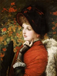 Tipo de Belleza: Retrato de la Sra. Kathleen Newton con un vestido rojo y un sombrero negro, 1880