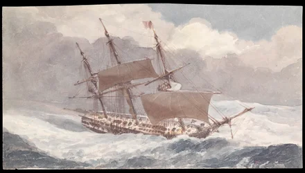 El Barham frente al extremo sur de Cerdeña en su travesía hacia Inglaterra con el vicealmirante Sir Pulteney Malcolm, mediados del siglo XIX (acuarela).