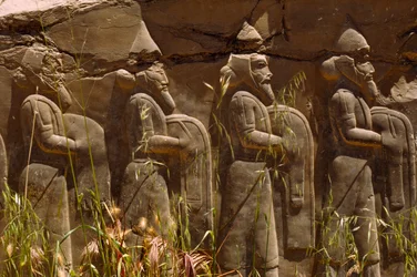 Bajorrelieve de antiguos guerreros persas a la entrada de Persépolis. Persépolis, Irán.
