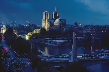 Vista exterior de Notre Dame de noche. París, Francia.