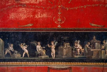 Fresco descubierto en Pompeya que muestra a querubines orfebres trabajando. Pompeya, Italia.