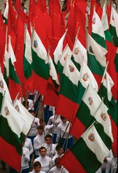 Procesión de banderas búlgaras durante las celebraciones de la Fiesta Nacional. Sofía, Bulgaria.
