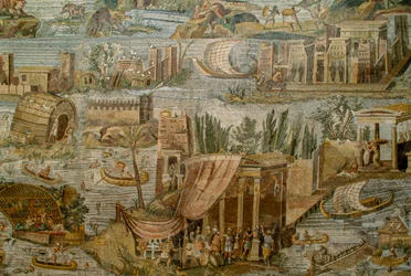Mosaico romano que representa una vista fantasiosa del río Nilo en crecida. Museo Arqueoló...