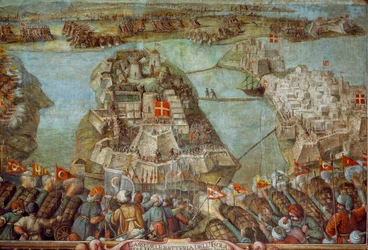 Este fresco representa el asedio turco a Malta en 1565. Obra de arte.