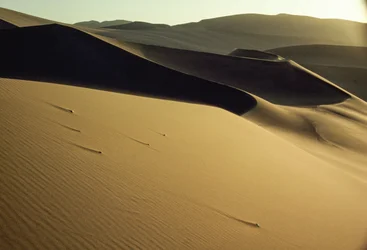 Vista de dunas de contornos marcados y sombreados cerca de Dunhuang. Provincia de Gansu, República Popular China.