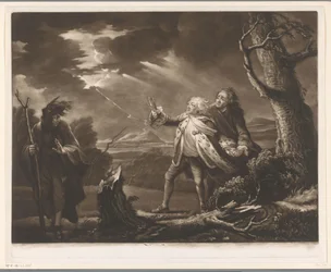 David Garrick como el Rey Lear con el Conde de Kent y Edgar disfrazado de Tom en un paisaje tormentoso