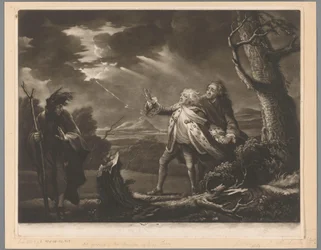 David Garrick como el Rey Lear con el Conde de Kent y Edgar disfrazado de Tom en un paisaje tormentoso