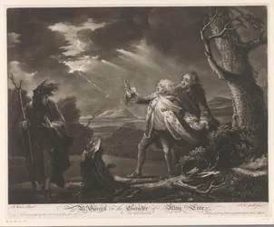David Garrick como el Rey Lear con el Conde de Kent y Edgar disfrazado de Tom en un paisaje tormentoso Sres. Garrick en el personaje del Rey Lear (título sobre el objeto)