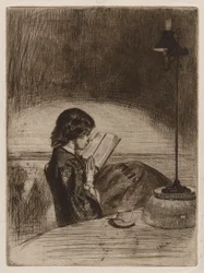 Leyendo a la luz de la lámpara
