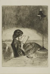 Leyendo a la luz de la lámpara