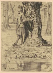Seymour de pie bajo un árbol