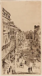 Calle St. James; reproducción litográfica invertida del grabado "Calle St. James," para Vanity Fair, Londres, 1878