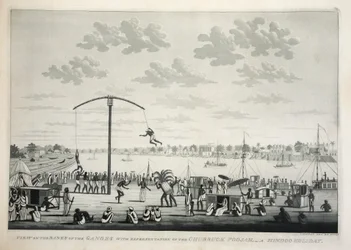 Vista en las orillas del Ganges con representación del Churruck Poojah, pub. 1810 grabado