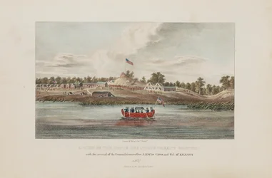 Vista del Tratado de Butte Des Morts; con la llegada de los comisionados, el Gobernador Lewis Cass y el Coronel McKenny, de The Aboriginal Portfolio.