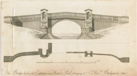 Weston-under-Lizard - Puente en la entrada a Weston Park: grabado