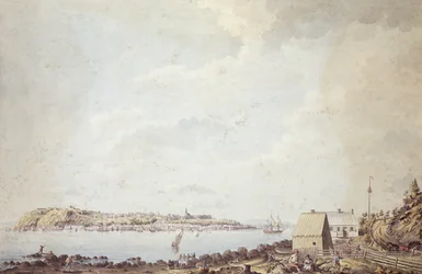 Una vista desde la ciudad de Quebec, la capital de Canadá, tomada desde la casa del ferry en el lado opuesto del río, el 3 de octubre de 1784 (pluma y tinta y acuarela sobre papel)